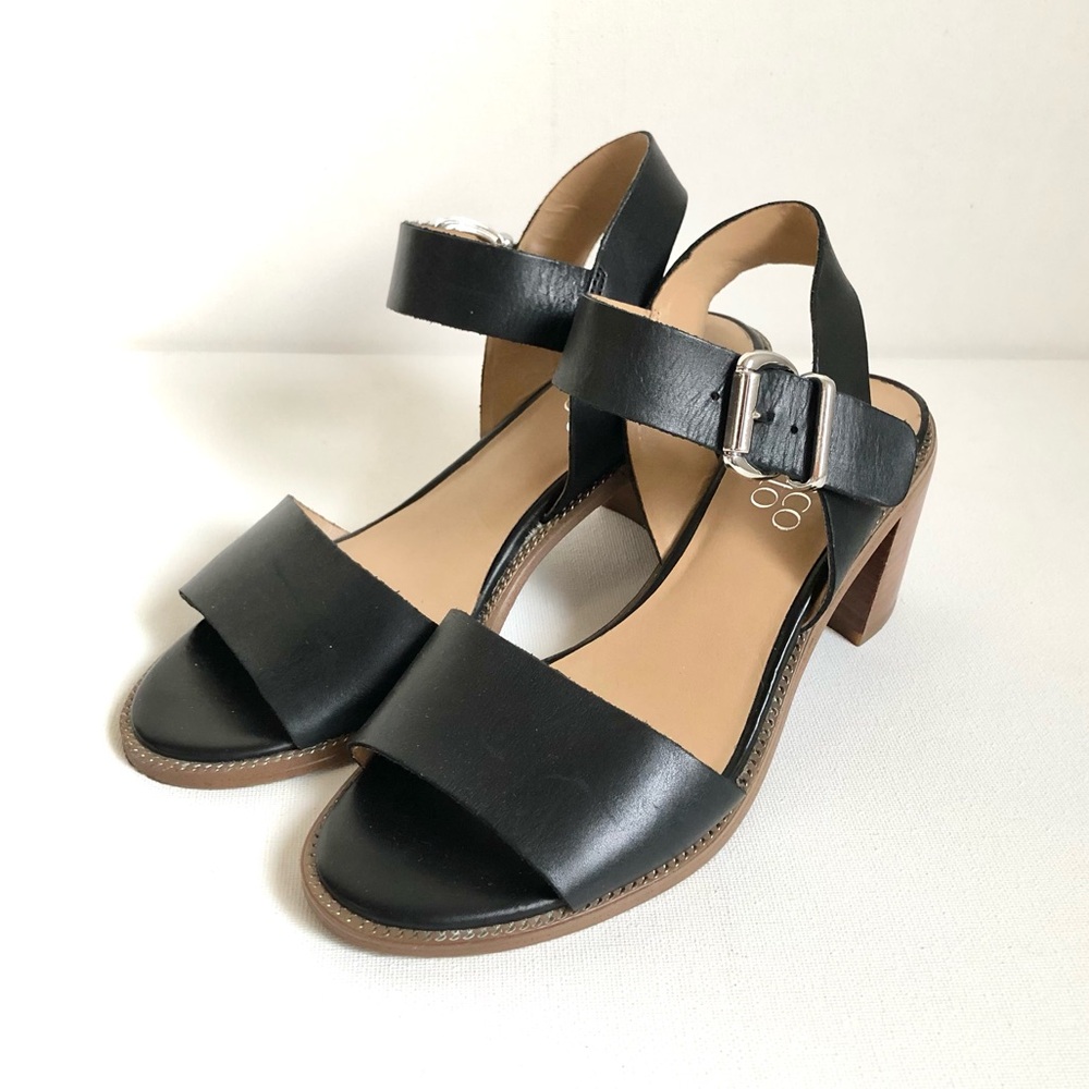 Franco Sarto Harlie Black Leather Strap Block Heel Sandals Size 6